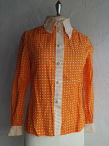  б/у одежда! retro Vintage orange полька-дот блуза! Showa Retro блуза 70s60s70 годы 60 годы Showa Retro Europe современный рубашка блуза 
