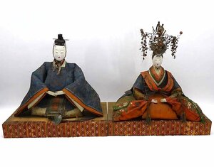 緑屋s■ 享保雛　古い雛人形　内裏雛　冠付　木箱　幅約43cm（雛）　時代物　日本人形　　i2n/3-001/11-1#佐川220