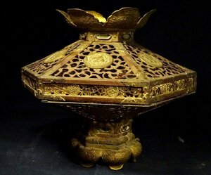 緑屋c■ 時代物　仏教美術　真鍮製　六角 吊灯籠　釣り灯籠　寺院仏具　幅約30cm　　km/3-040/8-2#120