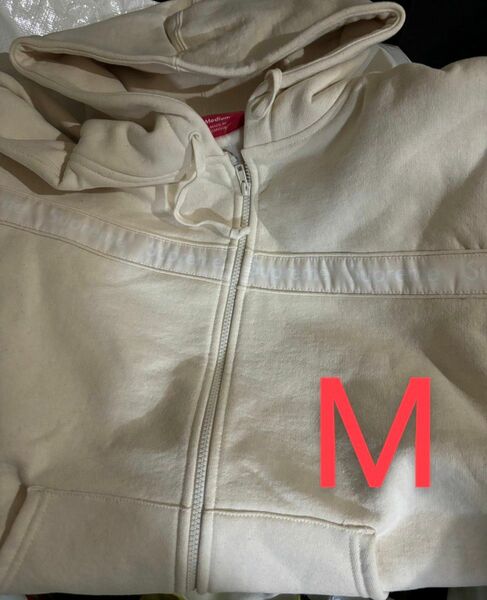 M Supreme Text Stripe Zip Up Hooded Sweatshirt Ivory