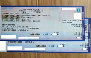 3月20日（水祝）神宮球場　東京ヤクルトvs日ハム　オープン戦　B指定席３塁側２枚【送料無料】２枚の値段です