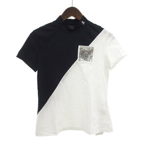 【特別価格】LANVIN SPORT ゴルフ スパンコールポケット モックネック カットソー Tシャツ ブラック×ホワイト レディース36