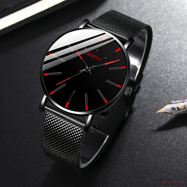 腕時計 メンズ フォーマル ブラック レッド 就活アイテム ビジネスシーン カジュアル クール アナログ 超薄型 ステンレス 鋼メッシュベルト