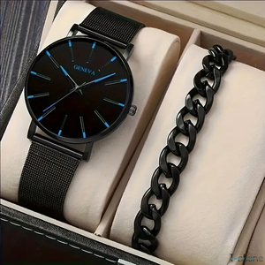 腕時計 アナログウォッチ&チェーンブレスレット ブラックブルー メンズ フォーマル 就活 ビジネス カジュアル クール 超薄型 ステンレス