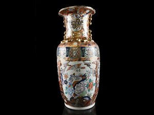 【雲】名品 有田焼 色絵金彩御所車花鳥図耳付大花瓶 飾壷 高さ61.2cm 古美術品 (旧家蔵出)AA9518y OTcds