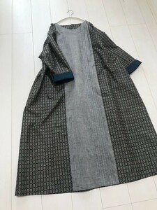 ★黒系村山大島紬＆グレー紬★Aラインワンピース★★着物リメイク★ハンドメイド★ゆったり大きめ