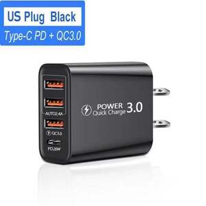 4 port ac adaptor USB-A+PD iphone ipad huawei oppo Samsung charge adaptor black usb port 5V/9V/12V sudden speed charge 3.0 QC3.0