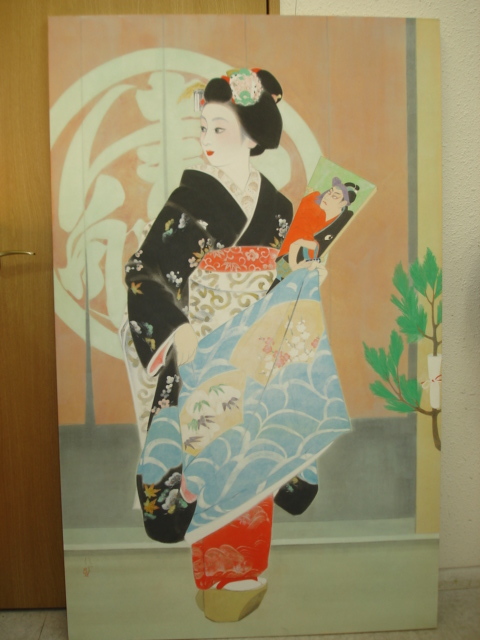 ★【Ippindo】★ Hayashi Nobuo Großes Aquarellporträt von Maiko in den vier Jahreszeiten aus der Yuan-Dynastie, entstanden 1982, signiert, beschriftet und mit Aufkleber versiegelt Seltenes Objekt Schöner Zustand Guter Zustand, Malerei, Aquarell, Porträts