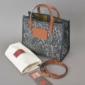 1円 新品 ETRO エトロ ペイズリー ハンドバッグ 2WAY ショルダーバッグ キャンバス レザー ブルー ブラウン 1N895 総柄 トート 鞄 Mb.b