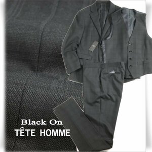 新品1円～★定価6万 Black On TETE HOMME テットオム ウール毛 スリーピーススーツ 92A5 ノータック チェック ダークグレ― ◆5469◆