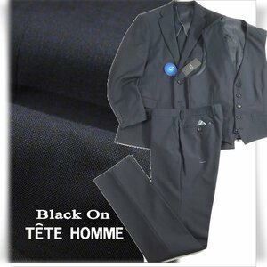 新品1円～★定価6万 Black On TETE HOMME テットオム ウール毛 スリーピーススーツ 92A5 ノータック マイクロチェック 黒×ブルー ◆5463◆