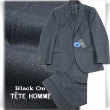 新品1円～★定価4.9万 Black On TETE HOMME テットオム ウール毛 シングル二つボタンスーツ 94A6 ノータック チェック 紺 ◆5528◆_画像1