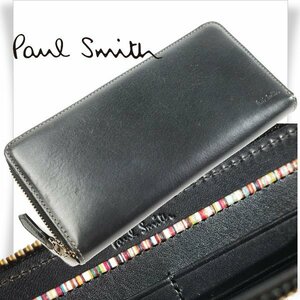 新品1円～★定価3.4万 ポールスミス Paul Smith 牛革 レザー ラウンドファスナー長財布 ロングウォレット 黒 オールドL2ストライプ◆5517◆