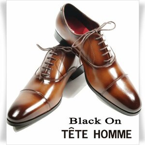 新品1円～★Black On TETE HOMME テットオム アクションレザー ビジネスシューズ 25.5cm ブラウン 茶 ストレートチップ ◆5621◆