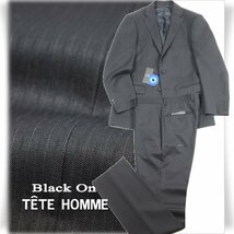 新品1円～★定価6万 Black On TETE HOMME テットオム ウール毛 2パンツでお得♪スーツ 94A6 ノータック 織柄 濃紺 ストライプ◆5680◆_画像1