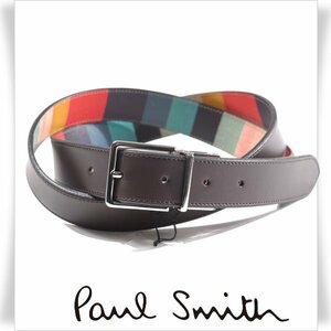 新品1円～★ポールスミス Paul Smith メンズ 日本製 牛革レザー リバーシブル レザー ベルト F 茶 マルチストライプ 正規店本物◆5706◆