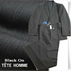 新品1円～★定価6万 Black On TETE HOMME テットオム ウール毛 2パンツでお得♪スーツ 94A6 ノータック 織柄 グレー ストライプ◆5784◆