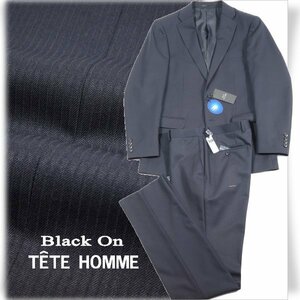 新品1円～★定価4.9万 Black On TETE HOMME テットオム ウール毛 シングル二つボタンスーツ 94A6 ノータック ストライプ 紺 ◆5977◆