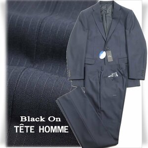 新品1円～★定価4.9万 Black On TETE HOMME テットオム ウール毛 シングル二つボタンスーツ 94A6 ノータック ストライプ ネイビー◆6285◆