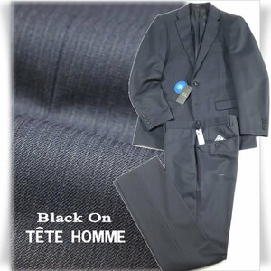 新品1円～★定価4.9万 Black On TETE HOMME テットオム ウール毛 シングル二つボタンスーツ 94A6 ノータック ストライプ 紺 ◆6337◆