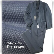 新品1円～★定価4.9万 Black On TETE HOMME テットオム ウール毛 シングル二つボタンスーツ 94A6 ノータック ピンドット柄 紺 ◆6338◆_画像1