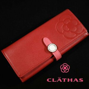 新品1円～★CLATHAS クレイサス 牛革レザー 二つ折り フラップ 長財布 ロングウォレット レッド カメリア ブラン◆6354◆