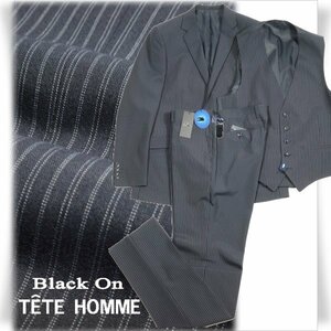 新品1円～★定価6万 Black On TETE HOMME テットオム ウール毛 スリーピーススーツ 94A6 ノータック ストライプ ネイビー ◆6535◆