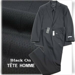 新品1円～★定価4.9万 Black On TETE HOMME テットオム ウール毛 シングル二つボタンスーツ 96AB5 ノータック ストレッチ 黒 織柄 ◆6728◆