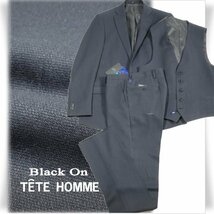 新品1円～★定価5.3万 Black On TETE HOMME テットオム ストレッチ スリーピーススーツ 94A6 ノータック 織柄 ネイビー ◆6981◆_画像1