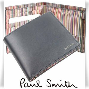 新品1円～★定価3.1万 ポールスミス Paul Smith 箱付 イタリア製 羊革 牛革レザー二つ折り財布 黒 マルチストライプ ウォレット ◆6994◆