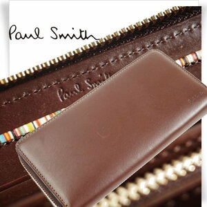 新品1円～★定価3.4万 ポールスミス Paul Smith 牛革 レザー ラウンドファスナー長財布 ロングウォレット 茶 オールドL2ストライプ◆7095◆