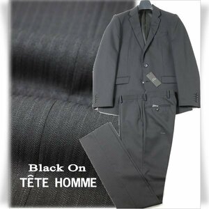 新品1円～★定価4.9万 Black On TETE HOMME テットオム ウール毛 シングル二つボタンスーツ 94A6 ノータック 黒 ストライプ ◆7109◆