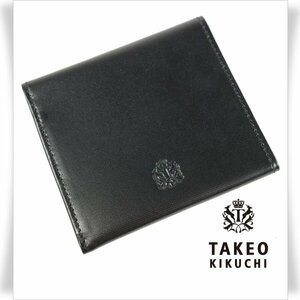 新品1円～★TAKEO KIKUCHI タケオキクチ 牛革レザー 二つ折り財布 カードケース スマート財布 黒 ブラック 本革◆7267◆