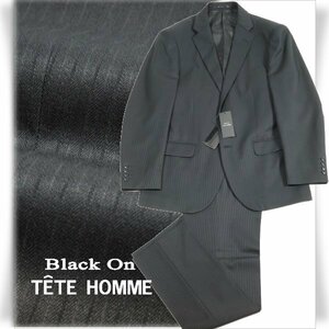 新品1円～★定価6万 Black On TETE HOMME テットオム ウール毛 2パンツでお得♪スーツ 96AB5 ノータック ストライプ 黒 ブラック ◆7336◆