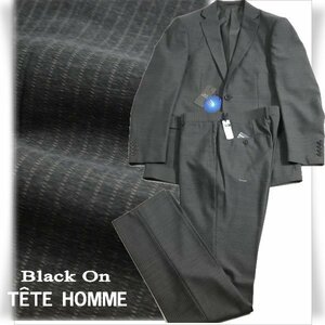 新品1円～★定価6万 Black On TETE HOMME テットオム ウール毛 2パンツでお得♪スーツ 94A6 ノータック 織柄 グレー ストライプ◆7333◆