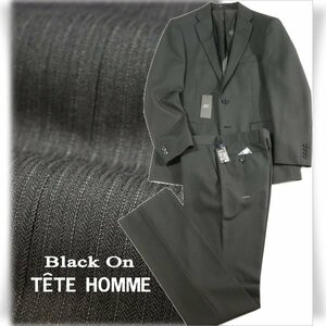 新品1円～★定価4.9万 Black On TETE HOMME テットオム ウール毛 シングル二つボタンスーツ 94A6 ノータック ストライプ 黒 ◆7323◆