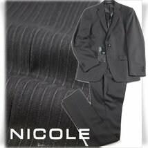 新品1円～★ニコル セレクション NICOLE selection ウール毛 ストライプ シングルスーツ 46 M 黒 ノータック 春秋冬スリーシーズン◆7317◆_画像1