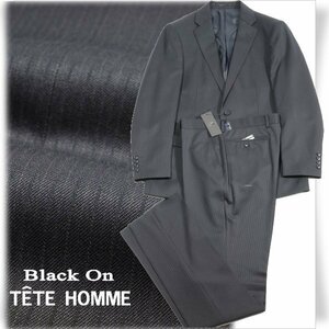 新品1円～★定価6万 Black On TETE HOMME テットオム ウール毛 2パンツでお得♪スーツ 94A6 ノータック ストライプ 濃紺◆7882◆