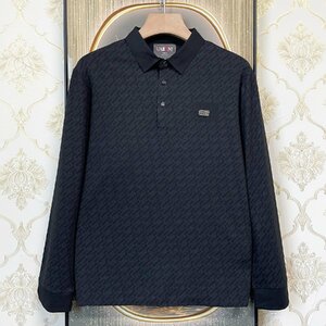 定番EU製＆定価4万◆UABONI*Paris*ポロシャツ*ユアボニ*パリ発◆長袖 上品 伸縮性 薄手 総柄 カジュアル 通勤 ビジネス ゴルフ M/46サイズ