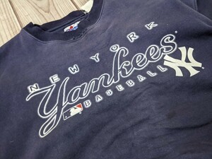10．90s00s フェード majestic NEWYORK Yankees BASEBALL スウェットトレーナー メンズL相当　ネイビー白y206