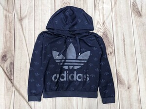 15．adidas アディダス 総柄　HOODED SWEAT フロントデカロゴ 三つ葉 速乾 スウェットパーカー メンズL　ネイビーy306