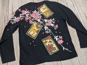 13．インフィニティ INFINITY 胤富仁帝 和柄 こいこい 花札 猪鹿蝶 梅 長袖Tシャツ ロンT メンズXL 黒オフホワイトオレンジ赤ピンク系 x606