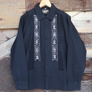 サイズ38 Estrella Standard L/S GUAYABERA REJILLADA 長袖キューバシャツ 黒白 メキシコ 民族シャツ