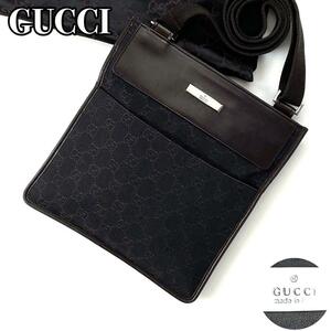 美品 GUCCI グッチ GGキャンバス ショルダーバッグ サコッシュ ポシェット シルバー金具 ロゴ金具 ジャガード 男女兼用 キャンバス レザー