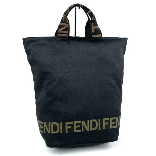 【美品】FENDI フェンディ ハンドバッグ トートバッグ ナイロンキャンバス ロゴライン FF ゴールド金具 ズッカ ロゴ型押し 男女兼用 黒