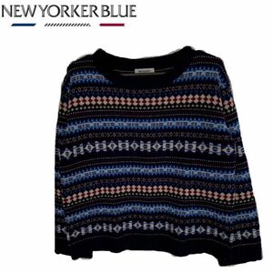 ニューヨーカーブルー　フェアアイル柄 ニット　ノルディック　ウール　幾何学模様　Mサイズ　 総柄　 セーター　
