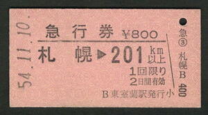 A型急行券 東室蘭駅発行 札幌から201km以上 昭和50年代（払戻券）