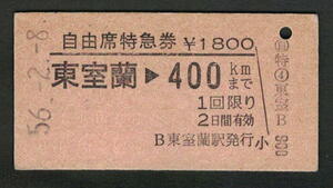 A型自由席特急券 東室蘭から400kmまで 昭和50年代（払戻券）