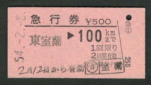 A型急行券 (日)室蘭発行 100kmまで 昭和50年代（払戻券）