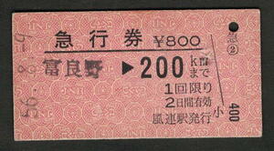 A型急行券 風連駅発行 200kmまで 昭和50年代（払戻券）